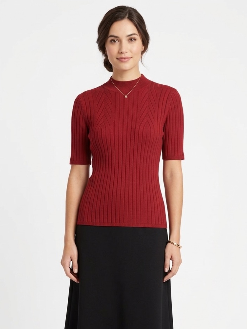 Koret Petite Red Knit Mock Neck Top with Short Sleeves Size Medium Petite